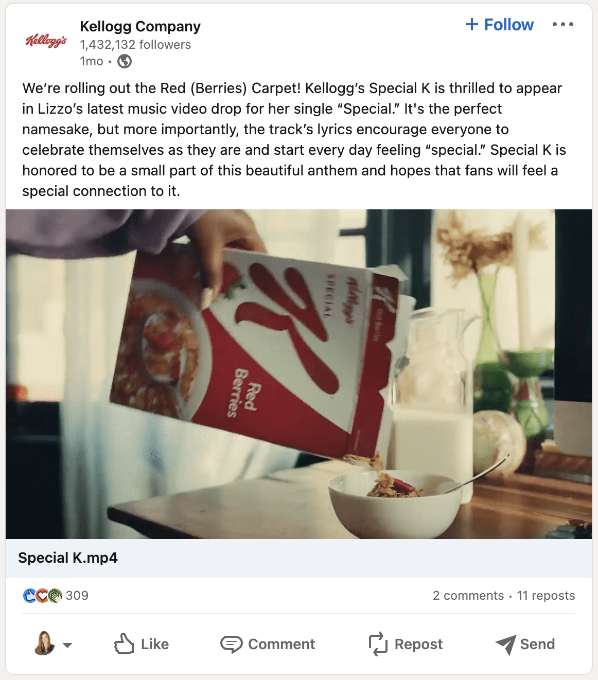 https://thebasispoint.com/wp-content/uploads/2023/03/Kellogg-LinkedIn-post-Special-K-cereal-makes-cameo-on-Lizzo-music-video-The-Basis-Point.png