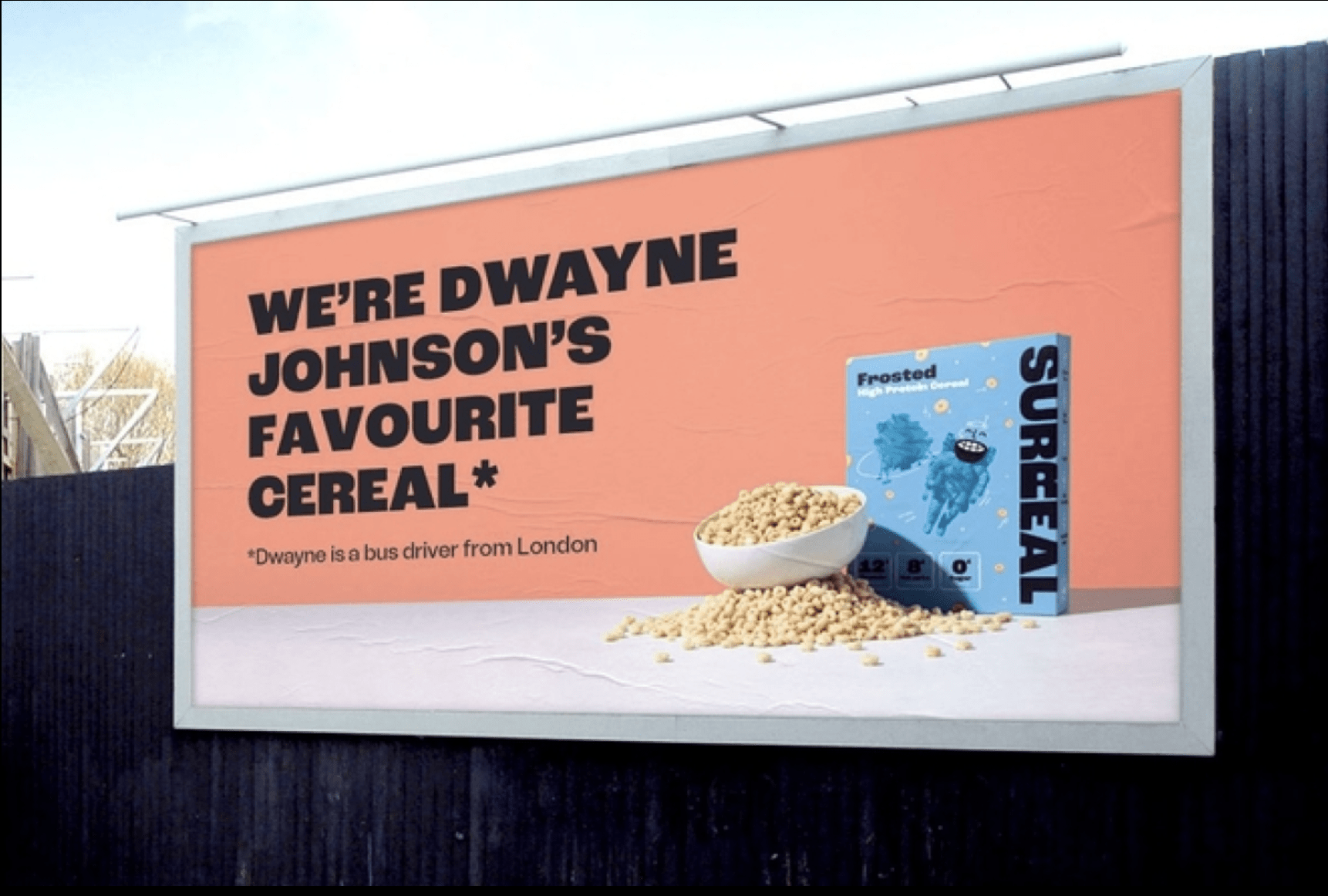 Surreal Cereal Dwayne Johnson billboard - post-controversy version - The Basis Point