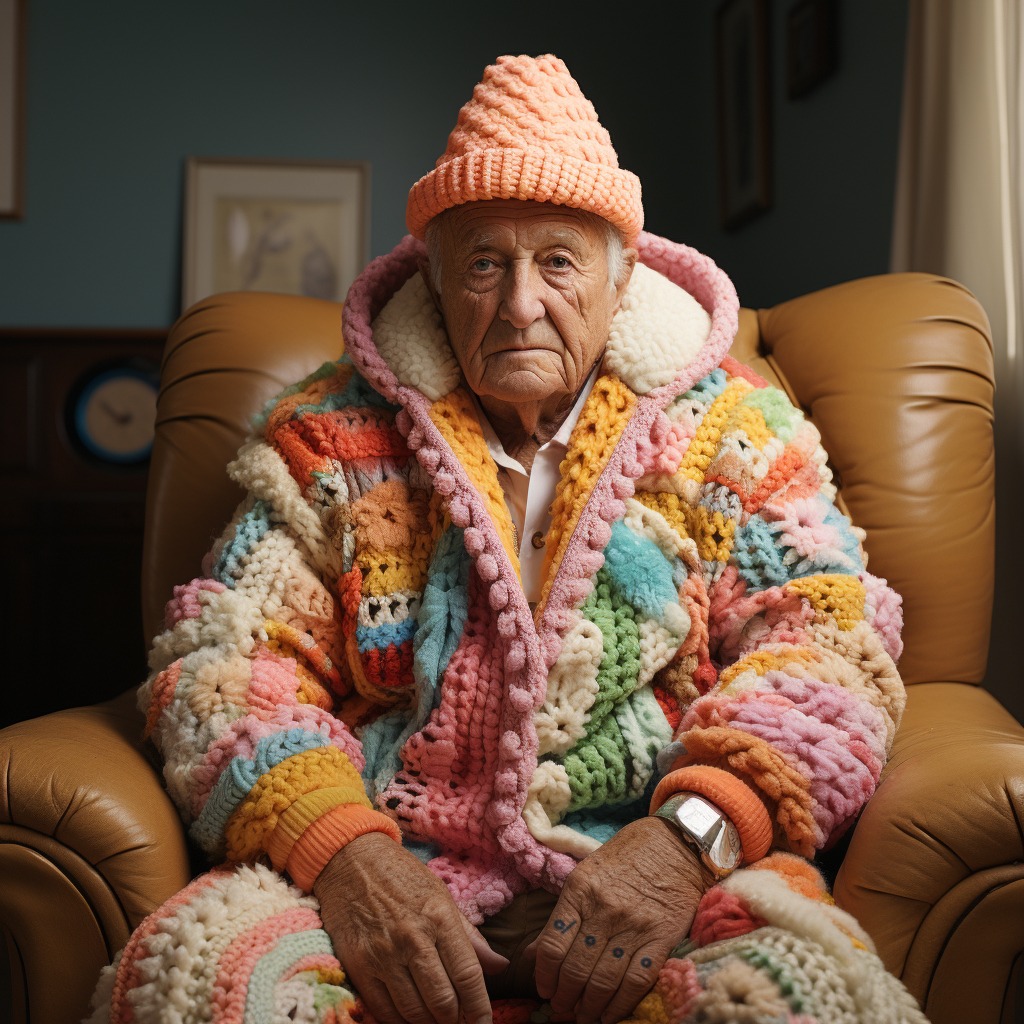 Old man with crocheted hoodie - Dennis Pettigrew - The Basis Point
